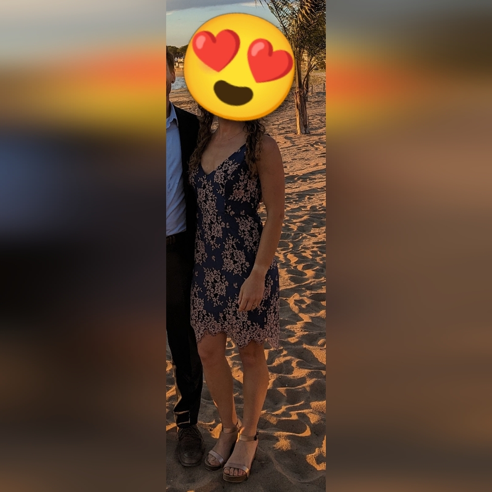 Dark blue spaghetti strap dress with rose gold mesh